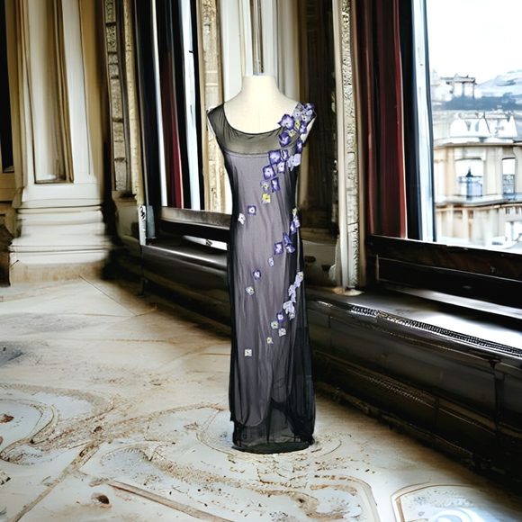 Tadashi for Cache Maxi Dress 90's Y2K Vtg Mesh Applique 3D Pansies Column Whims - Picture 7 of 17